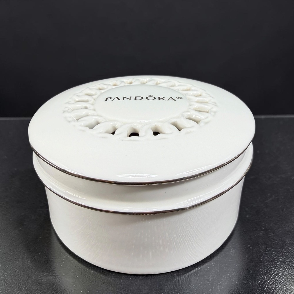 Pandora White Ceramic Round Jewelry Box Black Velvet Lining Lattice Lid 4 Inch
